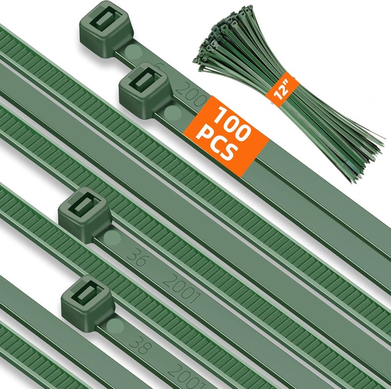 Idemeet 12 Inch 4.8mm Green Zip Ties, 55 Lbs PA66 Heavy Duty Plastic Wire Ties, Premium Self-locking Nylon Cable Ties Decoration Tie Wraps for Christmas Tree Oudoor Infoor Gardening Fence Grid Wall, 100 Pcs - Image 1